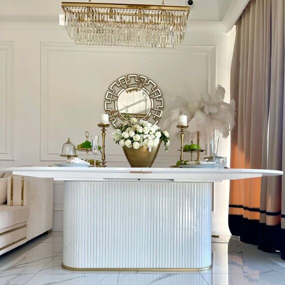 Glamorous extendable table, white, wooden, glossy, varnished, classic for the New York PALERMO dining room