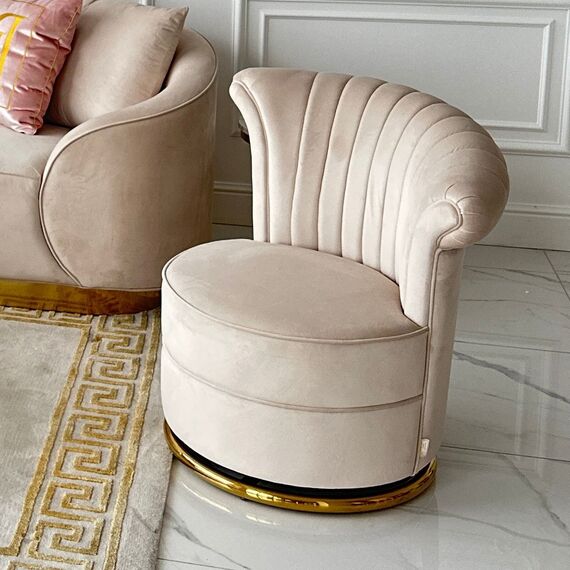 Designer Armchair, velvet, beige, gold FLOWER