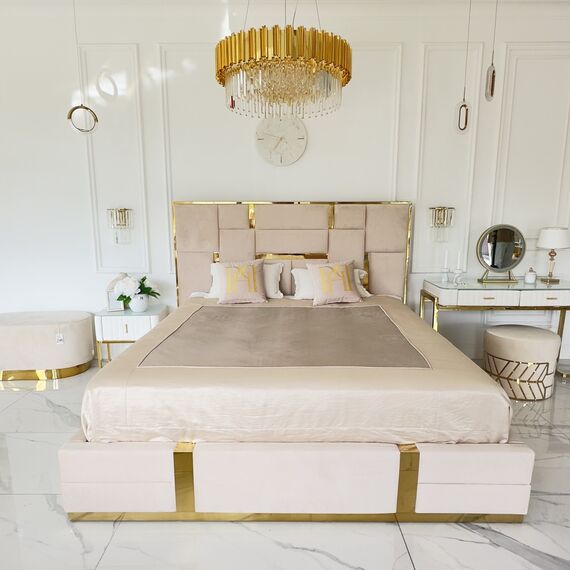 Łóżko glamour tapicerowane, nowoczesne, ze złotą listwą, beżowe 180x200cm EMPORIO