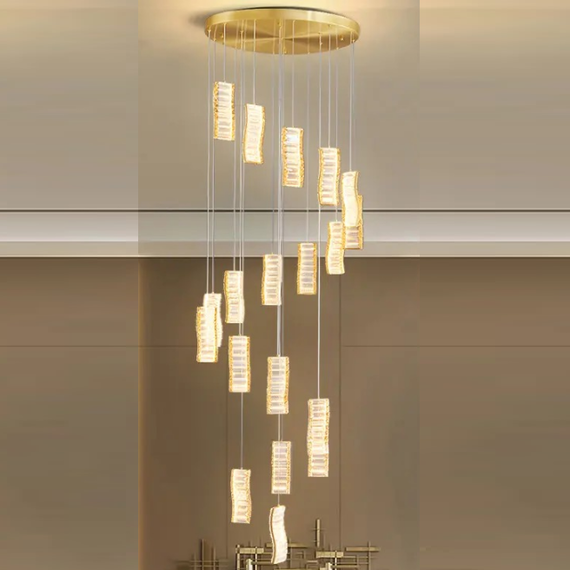 CRYSTAL LONG hanging crystal chandelier, gold, designer, exclusive in a modern style, hanging lamp above the stairs, hall