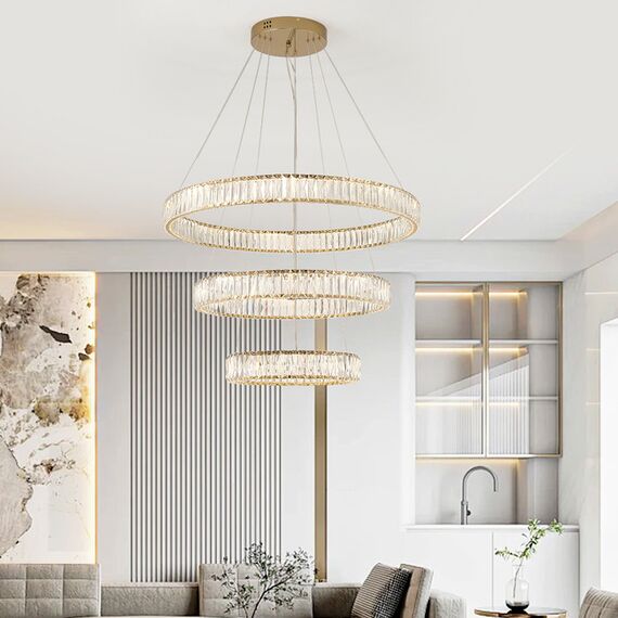 CRYSTAL XL gold crystal chandelier, glamour, exclusive, modern three-level ring
