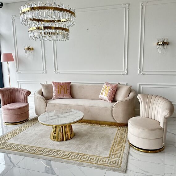 Designer Armchair, velvet, beige, gold FLOWER