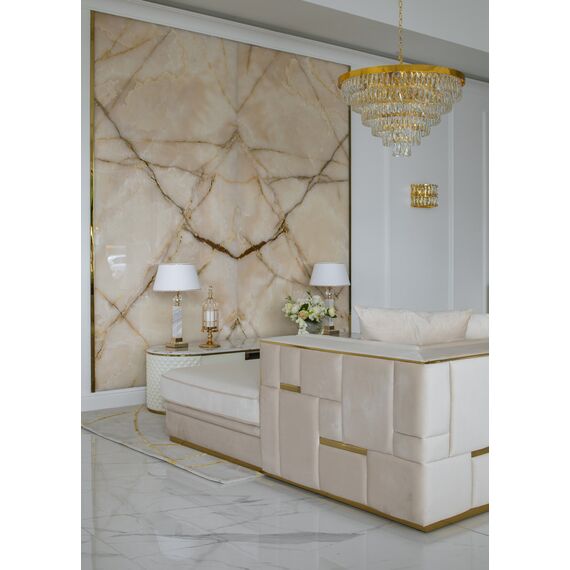 Sofa glamour ekskluzywna narożna nowoczesna, tapicerowana, złota, beżowa, narożnik lewostronny EMPORIO