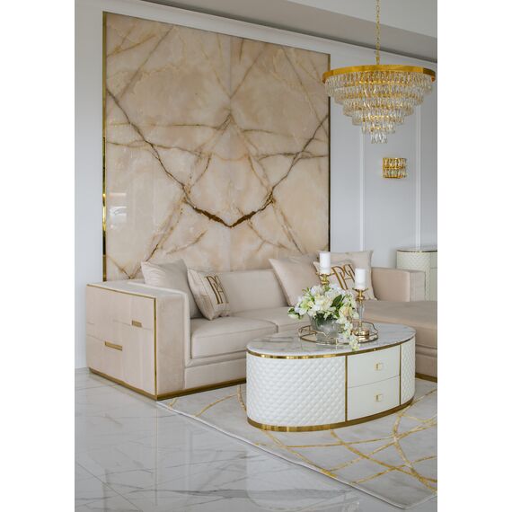 Sofa glamour ekskluzywna narożna nowoczesna, tapicerowana, złota, beżowa, narożnik lewostronny EMPORIO