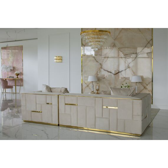 Sofa glamour ekskluzywna narożna nowoczesna, tapicerowana, złota, beżowa, narożnik lewostronny EMPORIO