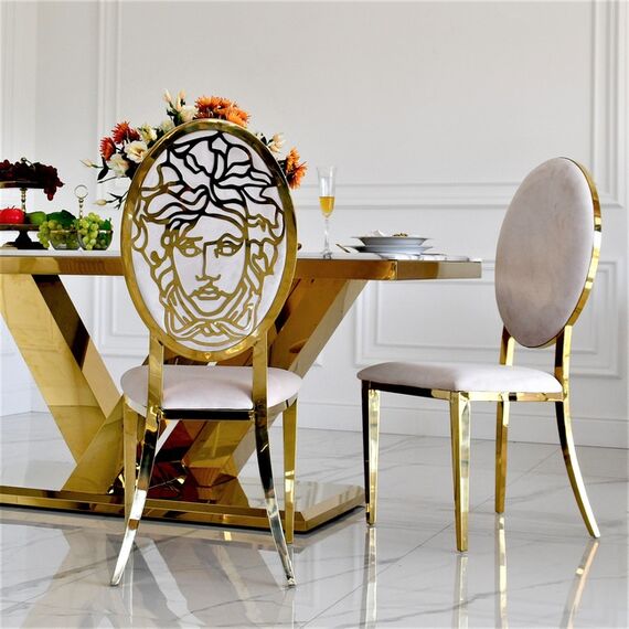 Exclusive glamor dining table, modern, with white marble, gold LV COLLECTION