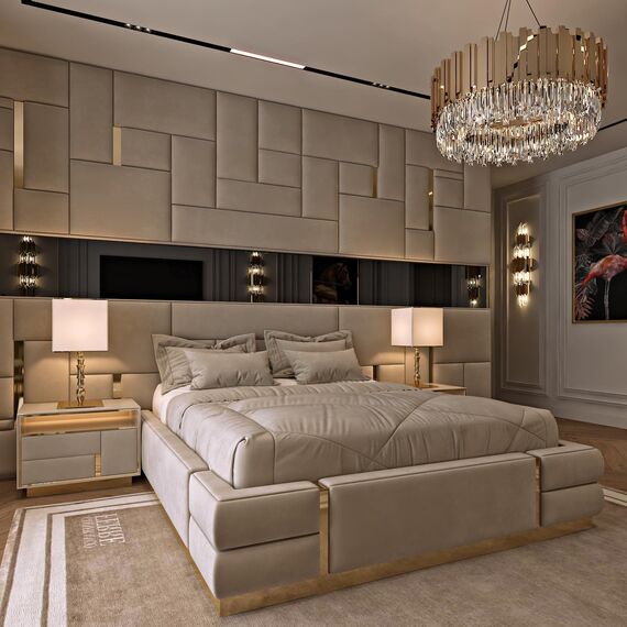 Łóżko glamour tapicerowane, nowoczesne, ze złotą listwą, beżowe 180x200cm EMPORIO