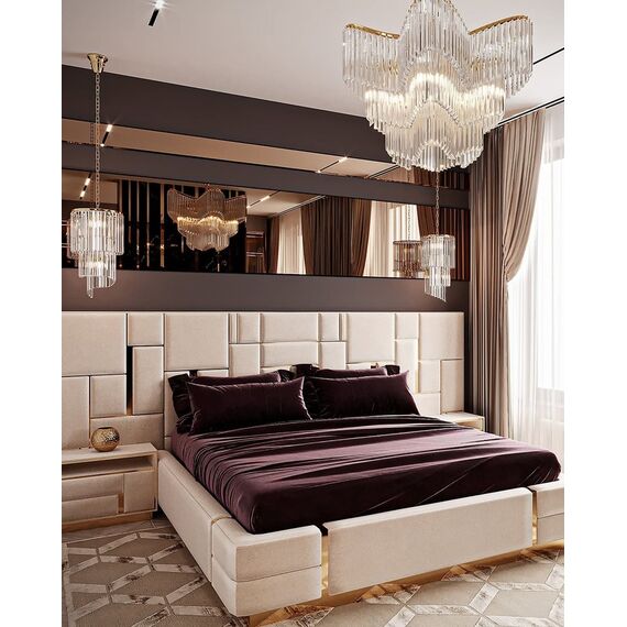 Łóżko glamour tapicerowane, nowoczesne, ze złotą listwą, beżowe 180x200cm EMPORIO