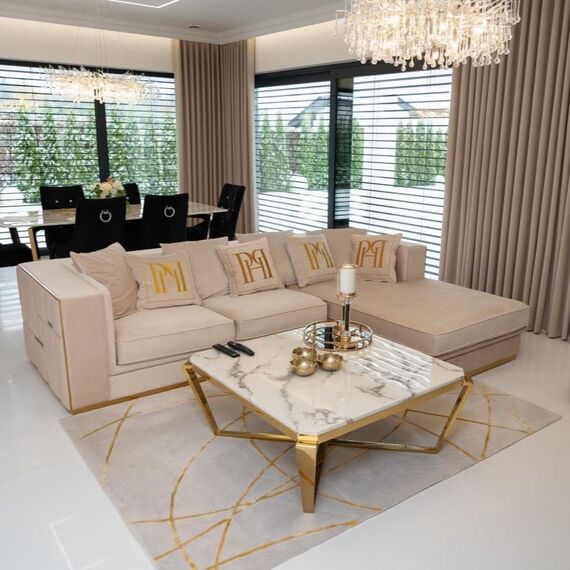 Sofa glamour ekskluzywna narożna nowoczesna, tapicerowana, złota, beżowa, narożnik lewostronny EMPORIO
