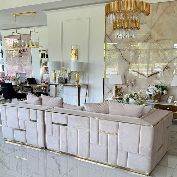 Sofa glamour ekskluzywna narożna nowoczesna, tapicerowana, złota, beżowa, narożnik lewostronny EMPORIO