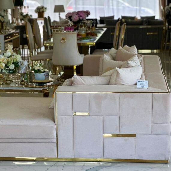 Sofa glamour ekskluzywna narożna nowoczesna, tapicerowana, złota, beżowa, narożnik lewostronny EMPORIO