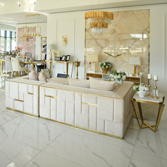 Sofa glamour ekskluzywna narożna nowoczesna, tapicerowana, złota, beżowa, narożnik lewostronny EMPORIO