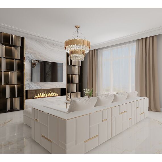 Sofa glamour ekskluzywna narożna nowoczesna, tapicerowana, złota, beżowa, narożnik lewostronny EMPORIO