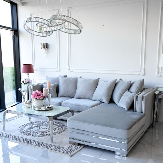 Corner sofa with slats, modern corner, for the living room, extendable, designer silver with slats MONACO