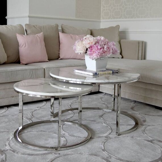 Stolik kawowy glamour nowoczesny srebrny z białym kamiennym marmurowym blatem MARCO SILVER