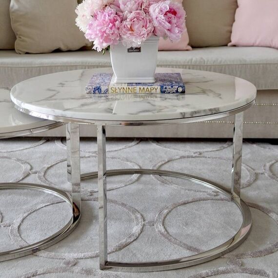 Stolik kawowy glamour nowoczesny srebrny z białym kamiennym marmurowym blatem MARCO SILVER