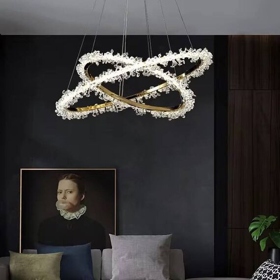 BRINA XL glamor crystal chandelier, gold, designer, exclusive in a modern style, two-story round hanging lamp
