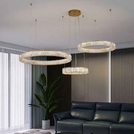 CRYSTAL XXL gold crystal chandelier, glamorous, exclusive, modern with three rings