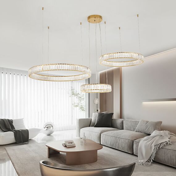 CRYSTAL XXL gold crystal chandelier, glamorous, exclusive, modern with three rings