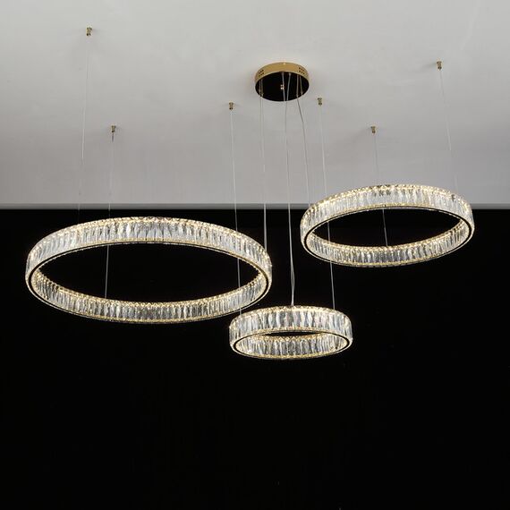 CRYSTAL XXL gold crystal chandelier, glamorous, exclusive, modern with three rings