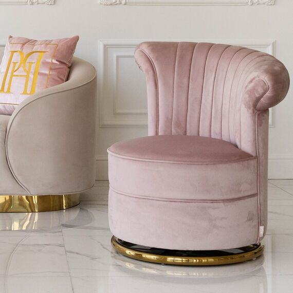 Designer Armchair, velvet, pink, gold FLOWER