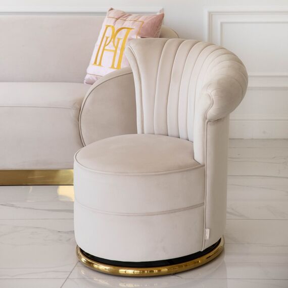 Designer Armchair, velvet, beige, gold FLOWER