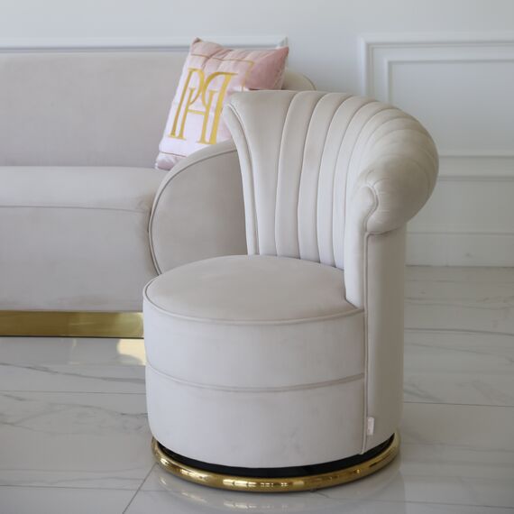 Designer Armchair, velvet, beige, gold FLOWER
