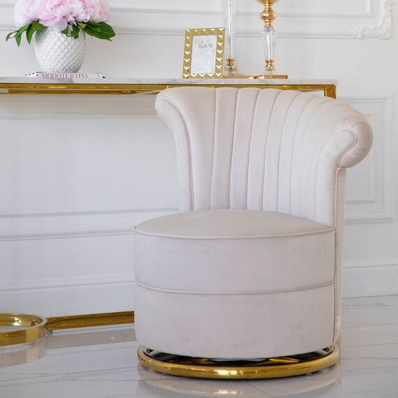 Designer Armchair, velvet, beige, gold FLOWER