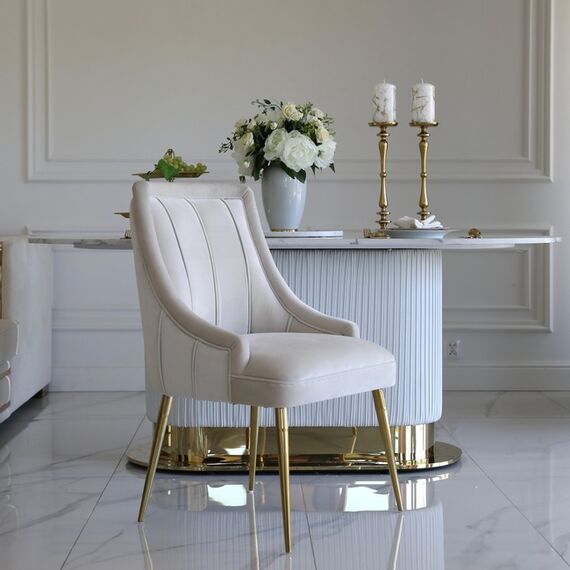 Exclusive glamor dining chair, straight legs, beige, gold DIANA