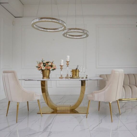 Exclusive glamor dining chair, straight legs, beige, gold DIANA