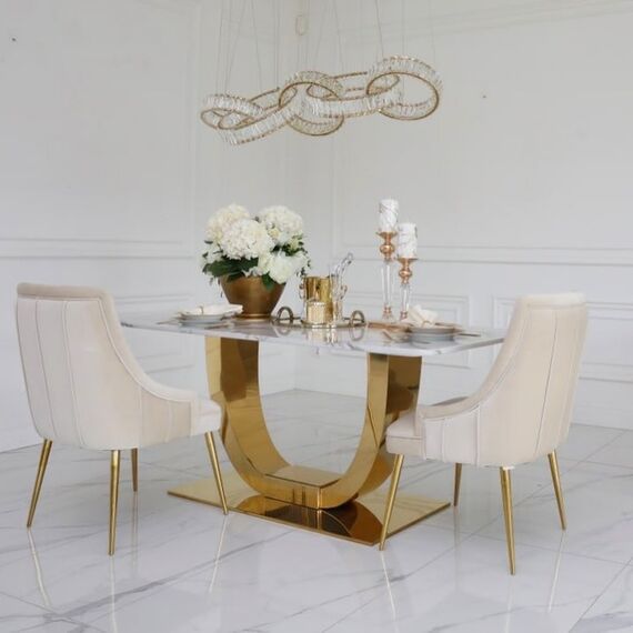 Exclusive glamor dining chair, straight legs, beige, gold DIANA