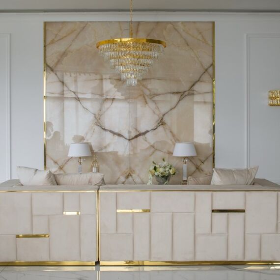 Sofa glamour ekskluzywna narożna nowoczesna, tapicerowana, złota, beżowa, narożnik lewostronny EMPORIO