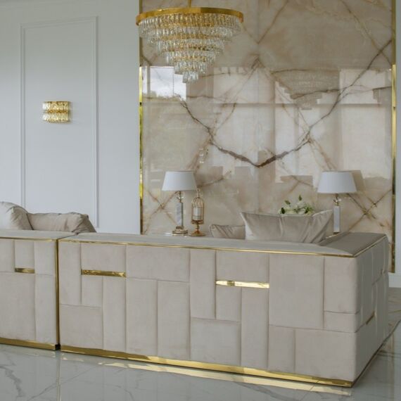 Sofa glamour ekskluzywna narożna nowoczesna, tapicerowana, złota, beżowa, narożnik lewostronny EMPORIO