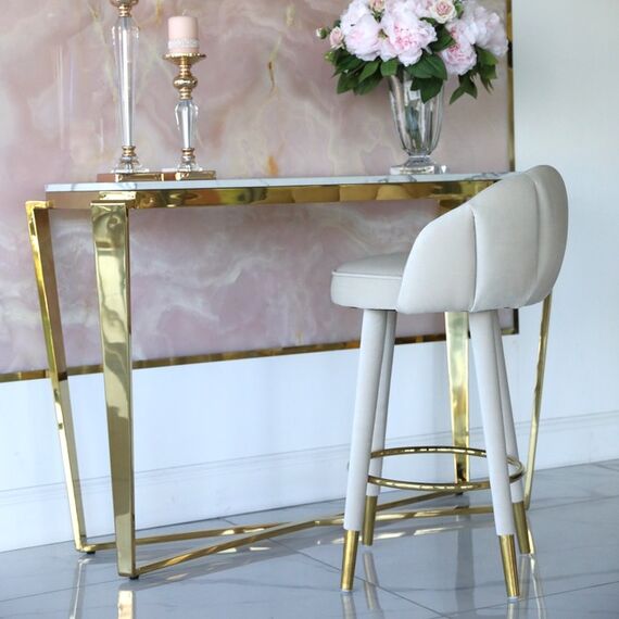 Upholstered glamor stool for dining room, bar, island beige gold DIANA