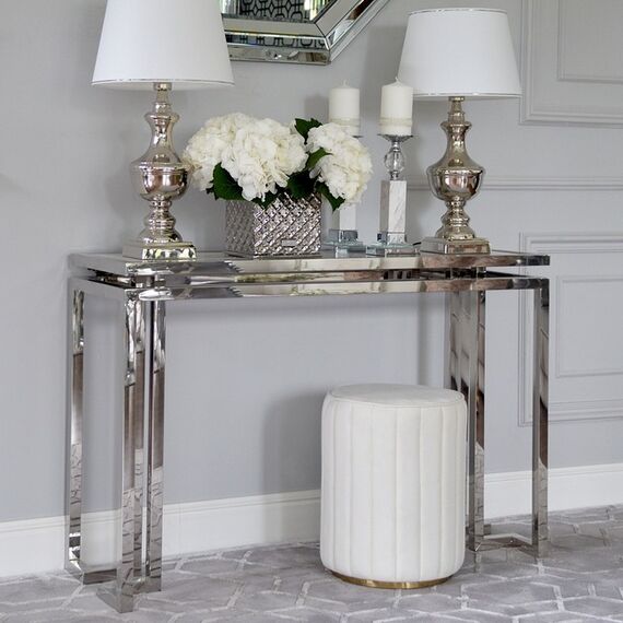 Console, glamor, stainless steel, silver glass, Oskar