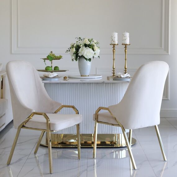 Glamor chair with armrests, modern, upholstered, designer, for the dining room, for the dressing table, beige gold SAVOY