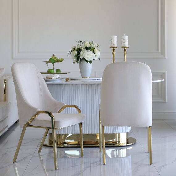 Glamor chair with armrests, modern, upholstered, designer, for the dining room, for the dressing table, beige gold SAVOY