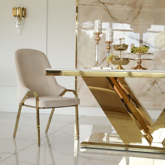 Glamor chair with armrests, modern, upholstered, designer, for the dining room, for the dressing table, beige gold SAVOY
