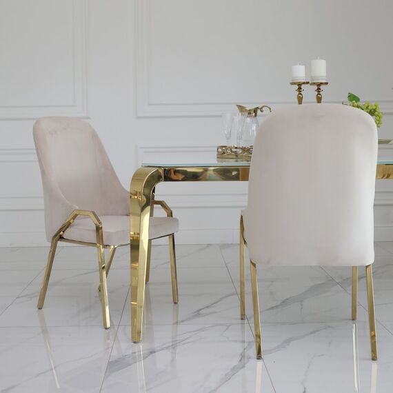 Glamor chair with armrests, modern, upholstered, designer, for the dining room, for the dressing table, beige gold SAVOY