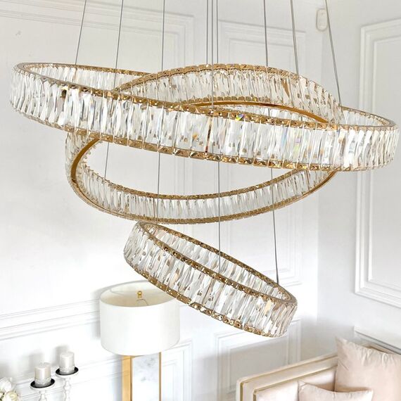 CRYSTAL XL gold crystal chandelier, glamour, exclusive, modern three-level ring