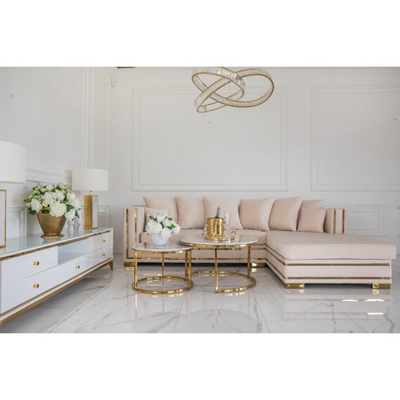 Corner sofa with slats, modern corner sofa, for the living room, extendable, designer gold with slats MONACO
