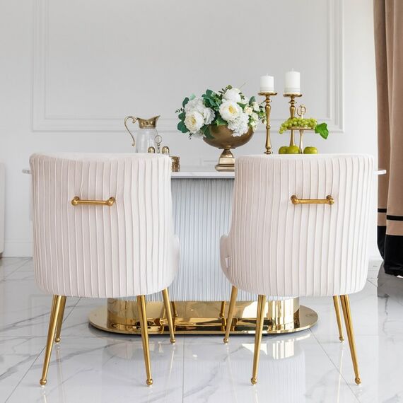 Krzesło beżowe glamour na złotych nogach z kołatką do jadalni, toaletki, nowoczesne, tapicerowane, designerskie PALOMA