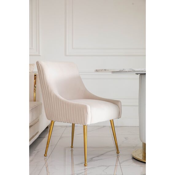 Krzesło beżowe glamour na złotych nogach z kołatką do jadalni, toaletki, nowoczesne, tapicerowane, designerskie PALOMA