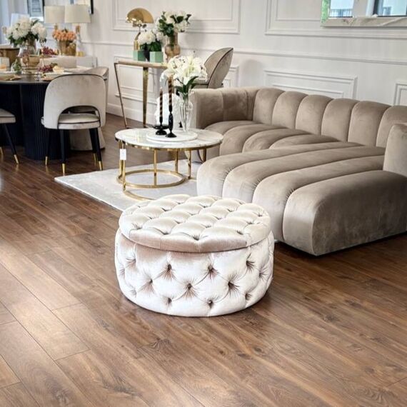 Round pouffe, for the bedroom, dressing table, upholstered, quilted, Paula glamor pouf [CLONE]