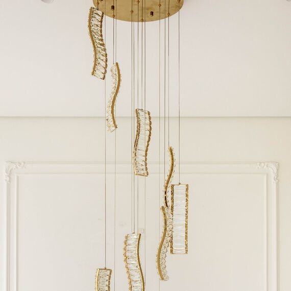 CRYSTAL LONG hanging crystal chandelier, gold, designer, exclusive in a modern style, hanging lamp above the stairs, hall