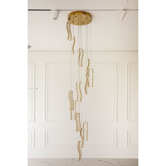 CRYSTAL LONG hanging crystal chandelier, gold, designer, exclusive in a modern style, hanging lamp above the stairs, hall
