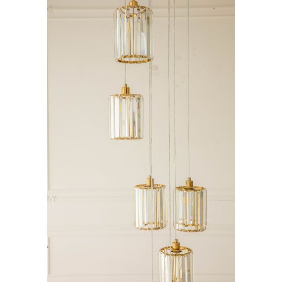 Crystal chandelier, hanging, gold, designer, exclusive, in a modern style, with glass shades, STARS XL hanging lamp above the stairs