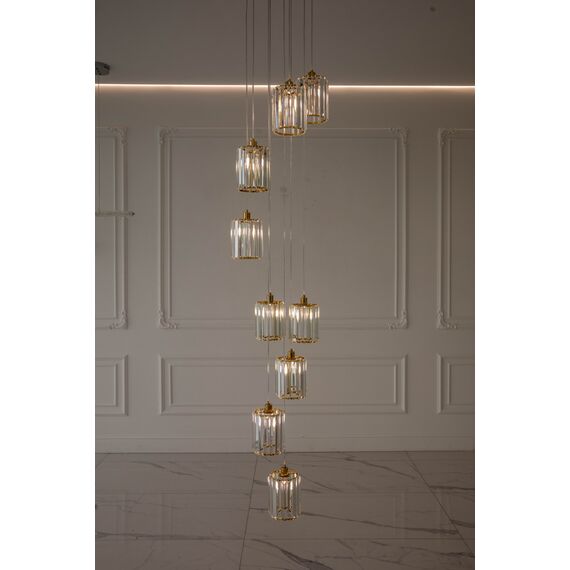 Crystal chandelier, hanging, gold, designer, exclusive, in a modern style, with glass shades, STARS XL hanging lamp above the stairs