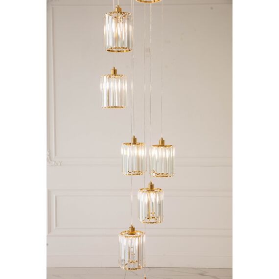 Crystal chandelier, hanging, gold, designer, exclusive, in a modern style, with glass shades, STARS XL hanging lamp above the stairs