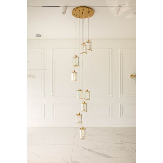 Crystal chandelier, hanging, gold, designer, exclusive, in a modern style, with glass shades, STARS XL hanging lamp above the stairs